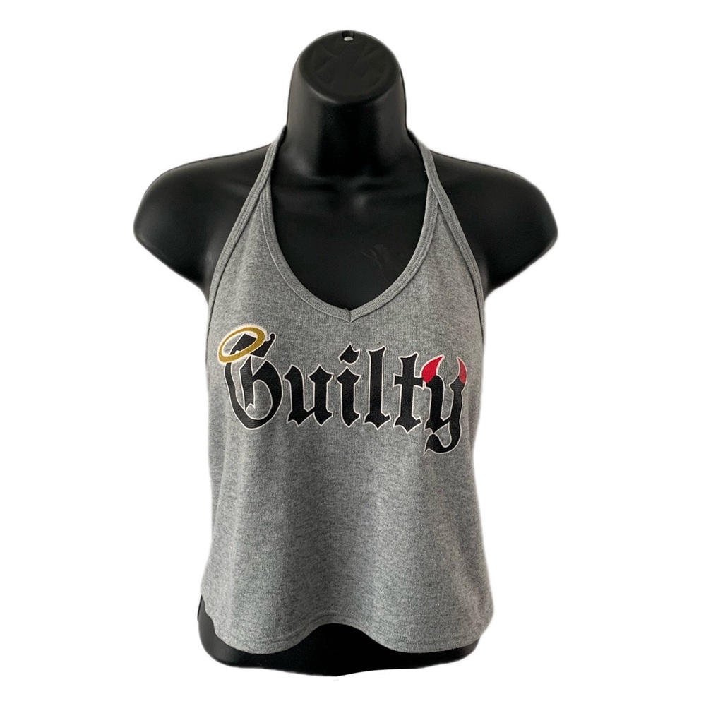 Vtg Gothic-style typography with slogan in gray and black
Halter-style crop top